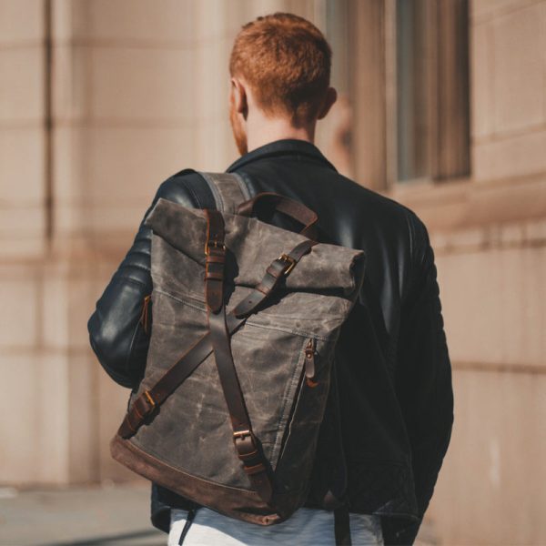 Anti-theft Oil Wax Canvas Backpack Roll Top - Image 2