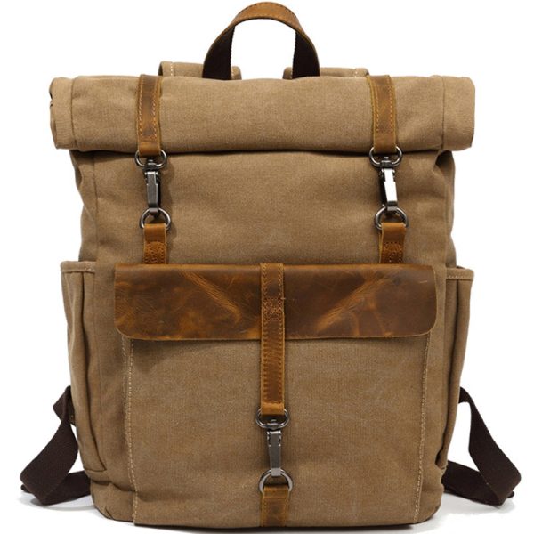 Roll Top Canvas Backpack College School Bag - Image 11