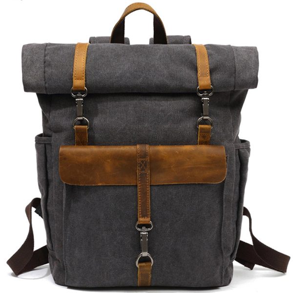 Roll Top Canvas Backpack College School Bag - Image 12