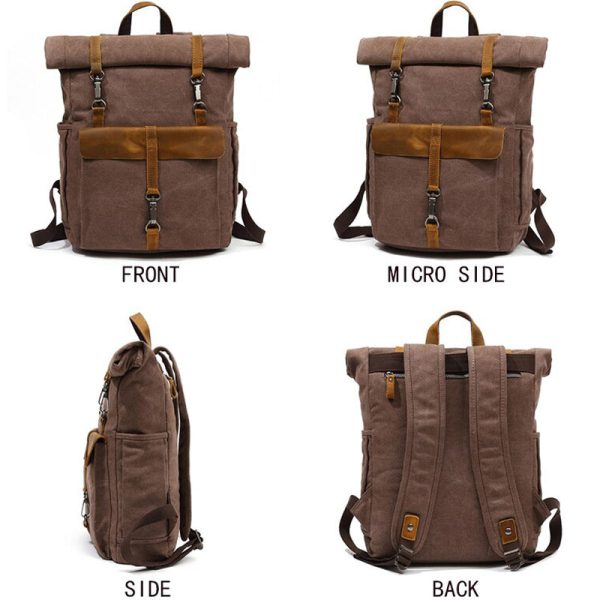 Roll Top Canvas Backpack College School Bag - Image 6