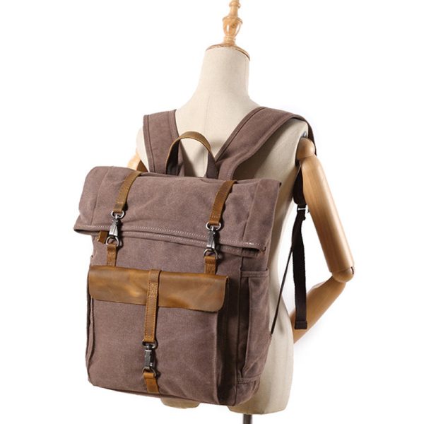 Roll Top Canvas Backpack College School Bag - Image 7