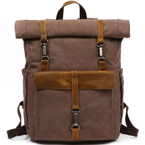 Roll Top Canvas Backpack College School Bag - Image 8