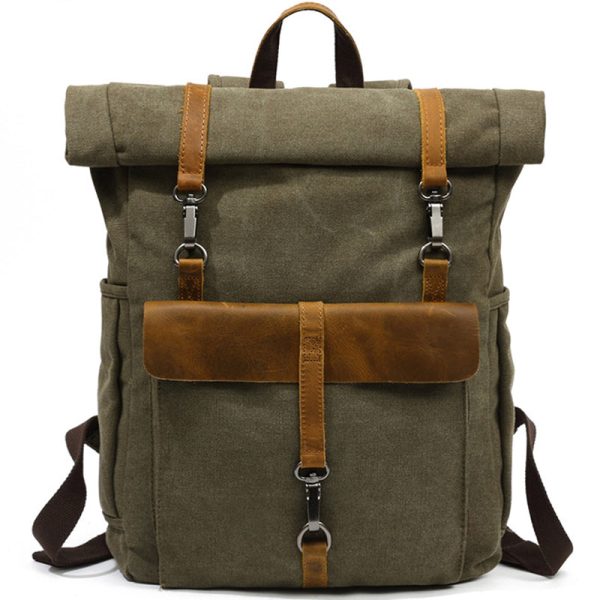 Roll Top Canvas Backpack College School Bag - Image 9